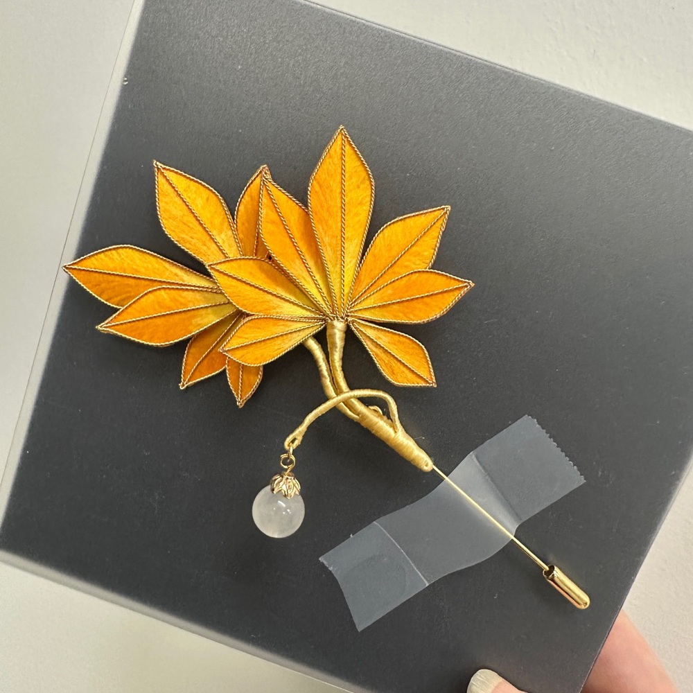 Handmade Ronghua Silk Yellow Maple Leaf Brooch Chinese Hanfu New Unique 3*5”